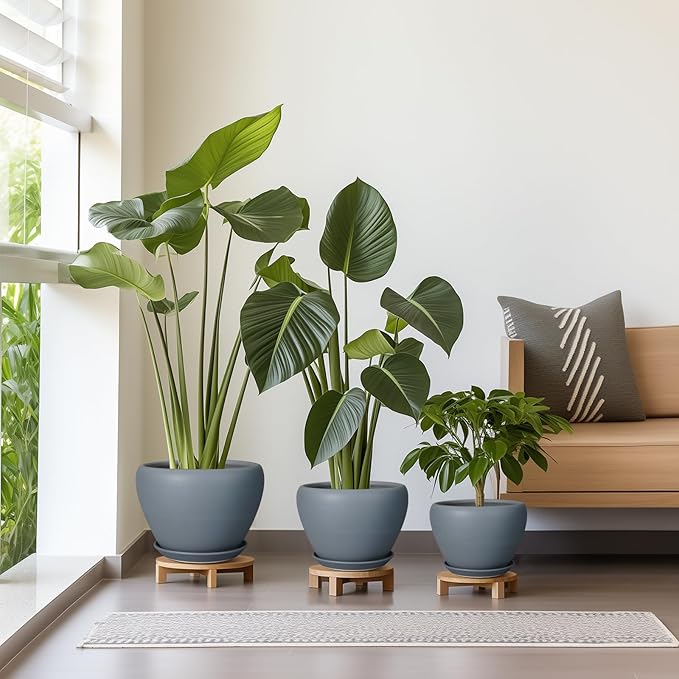 Ceramic Plant Pots - Large Planters for Indoor Plants 10 Inch 8 Inch 6 Inch Plant Pots with Drainage Holes and Saucer Fluted Round Flower Pots Outdoor Set of 3 Gray