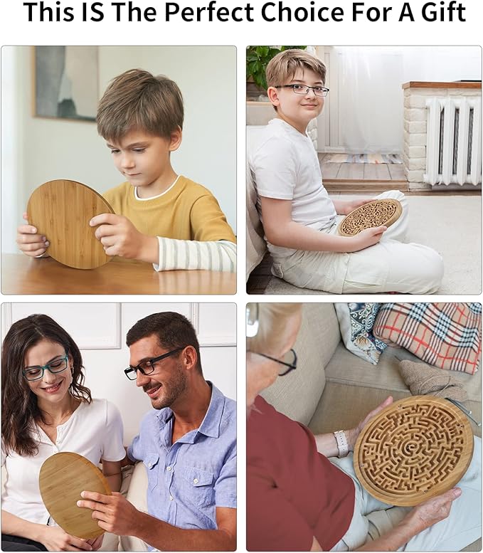 Round Wooden Labyrinth Board Game - Marble Maze for Education and Fun, Toddler Activity Board, Brain Teaser Puzzle Logic Game with Two Metal Balls for Kids, Adults, Teens, Boys, and Girls