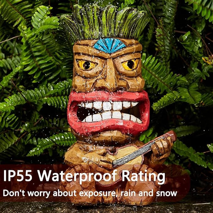 Solar Tiki Statue Outdoor Decor-Garden Guitar Tiki Statues-Tiki Bar Decorations for Outdoor Patio Yard Lawn Balcony Bar Party,Waterproof Garden Sculpture 10.35 Inch Tall