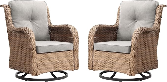 Outdoor Patio Swivel Rocker Chairs - Wicker Rattan Patio Swivel Rocking Chairs Set of 2 with High Back,Deep Seating and Comfort Cushions for Deck Porch Garden,Yellow/Beige