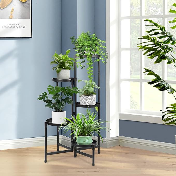 Plant Stand Indoor Outdoor 5 Tier Foldable Corner Tall Plant Shelf for Multiple Plants, Black Metal Tiered Plant Stand Sturdy and More Balanced for Garden Patio Lawn Balcony (5 tier)