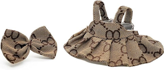 Clothes Compatible with 17cm Dolls, Premium Dolls Accessories 2 Piece Set Including Chic Grid Spaghetti-Strap Dress and Bow, High-End Fashion Outfit for Play & Display - Brown