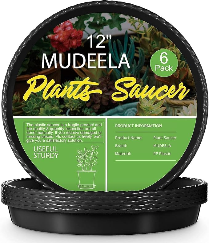 MUDEELA 6 Pack of 12 inch Plant Saucer, Durable Plastic Plant Trays for Indoors, Black Plastic Flower Plant Pot Saucer, Made of Thicker, Stronger Plastic, with Taller Design