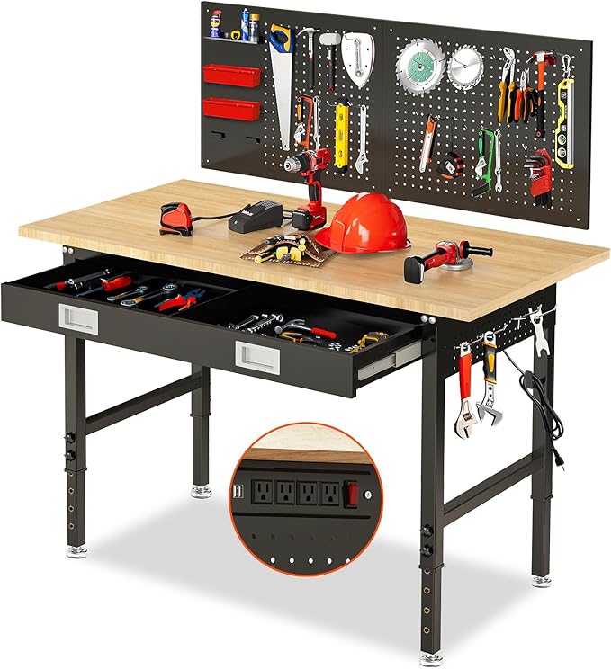 60" Workbench for Garage with Drawers Rubberwood Tabletop Work Table with Pegboard, Power Outlets Adjustable Height Work Bench for Office, Woodworking Shop, Home