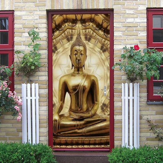 3D Door Stickers - Buddha Statue Murals - Peel & Stick Wallpaper - Self-Adhesive Decals - Removable PVC Waterproof - Bedroom & Living Room - 37.4" x 78.7"