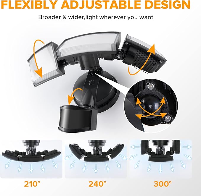 LUTEC 72W 7500LM LED Security Lights Motion Sensor Light Outdoor, 5000K Daylight, IP65 Waterproof, Dusk to Dawn, 3-Head Motion Detected Flood Light for Garage, Yard, Porch(Black)