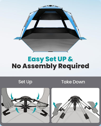 OutdoorMaster Beach Tent with Blackout Shelter Technology, Portable Beach Shade Sun Shelter Canopy for 4-6 Person with UPF 50+ UV Protection, Easy Setup Pop Up Tent Family Size