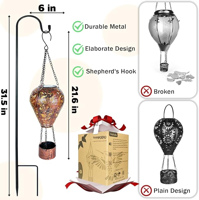 Hummingbird Decor Hot Air Balloon Solar Lantern – Outdoor Decorative Hanging Light for Garden Yard Patio Porch Lawn and Pathway – Unique Housewarming, Birthday Gift for Women Mom Grandma