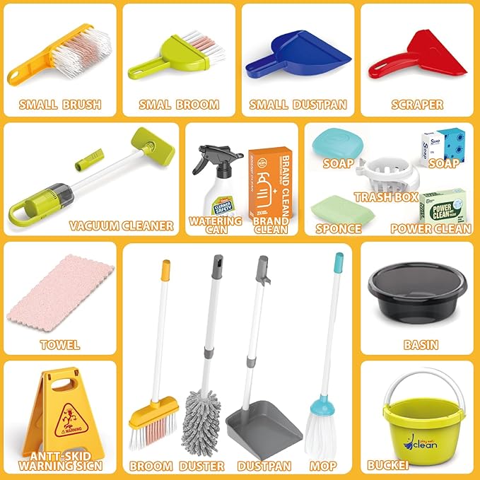 Kids Cleaning Set for Toddlers Pretend Play Housekeeping Supplies Kits with Real Working Vacuum Cleaner, Broom, Spray Bottle, Dust Pan and More Role Play Educational Toys for Toddler Boys Girls (Red)