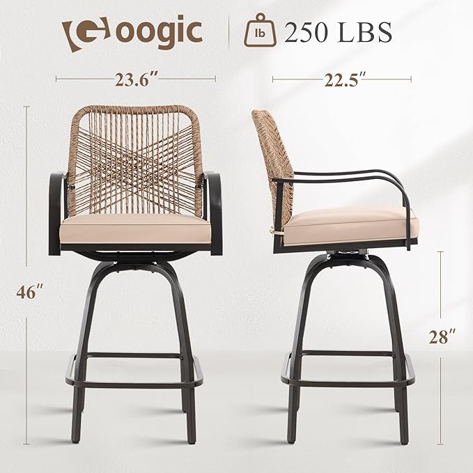 Outdoor Bar Stools Set of 2, Patio Swivel Counter Height Rattan Bar Stools, Patio Wicker Bar Swivel Chairs with Cushion, Outdoor Pool Bar Chairs for Backyard Garden Balcony w /360 Rotation