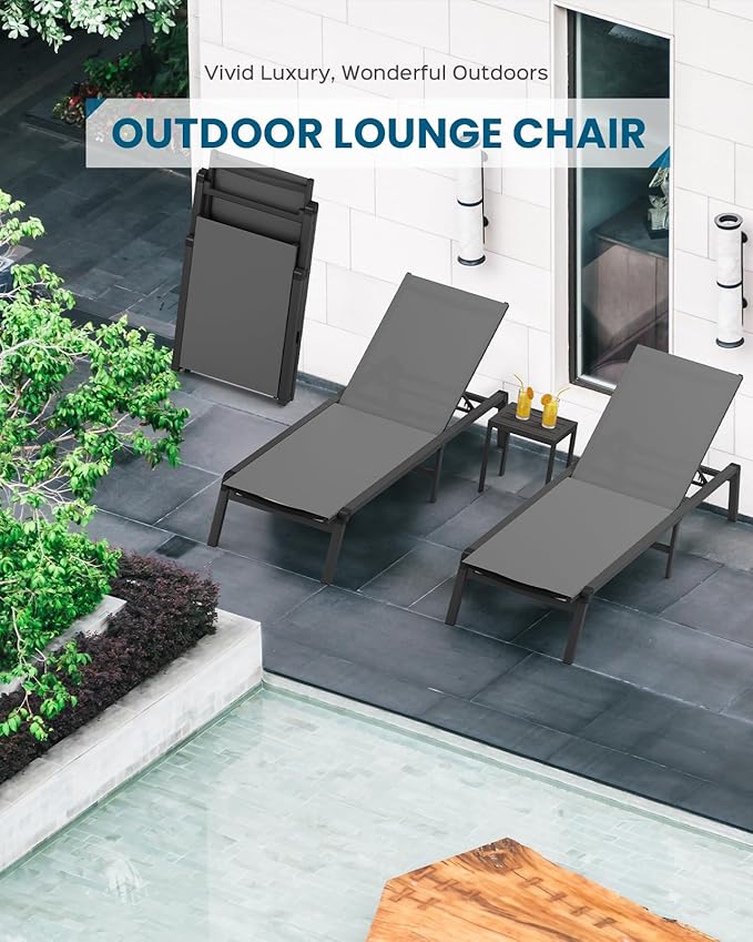 Chaise Lounge Outdoor, Foldable Aluminum Pool Lounge Chairs with 5 Positions Recliner - Free Assembly - Patio Chaise Lounge Chair for Poolside, Beach, Yard (Darkgray)