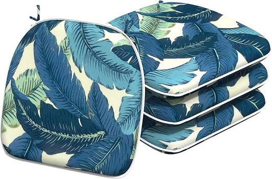 Indoor/Outdoor Chair Cushions 16x17 Inch, Patio Chair Cushions with Ties, All Weather Seat Cushions for Patio Furniture Home Garden Chair Use, Set of 4, Swaying Palms Blue