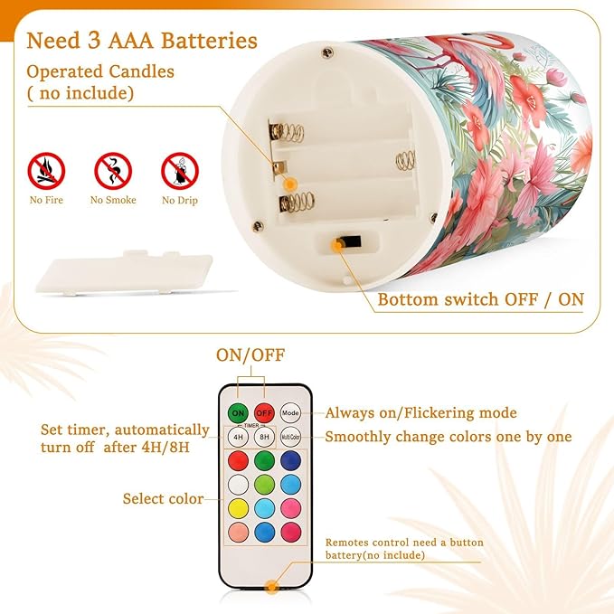 Flickering Flameless Candles, Pink Flamingo Print LED Candles with Remote Timer, Set of 2 Battery Operated Candle for Valentine Wedding Birthday