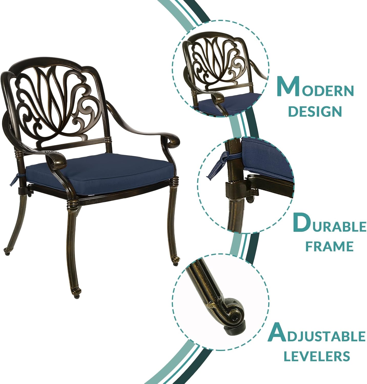 MEETWARM 3 Piece Patio Bistro Set, Outdoor All-Weather Cast Aluminum Dining Furniture Set Includes 2 Cushioned Chairs and a 35.4” Round Table with Umbrella Hole for Garden Deck, Navy Blue