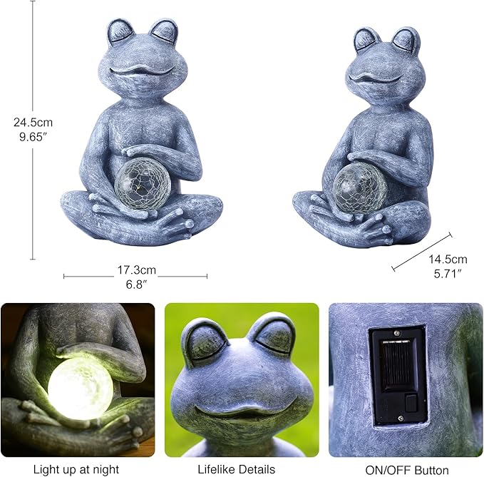 Goodeco Frog Statue with Solar Gazing Ball Lights - Zen Garden Statue for Outdoor Decor, Frog Gifts for Women & Moms, Housewarming Gifts