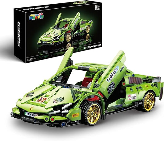 1:18 Technic Super Sports Cars Model Sets - 586 PCS Green MOC Building Block Car Raceing Engineering Toys - Gift Idea for Adults Boys Girls for Play and Display Collection