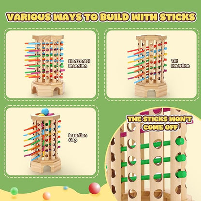 Montessori Wooden Board Game for Kids 3-6 Years - Educational Learning Toy with Colorful Sticks, Dice& Balls - Fine Motor Skills, Classic Tower Games for Family Night - Gift for Toddlers Boys Girls