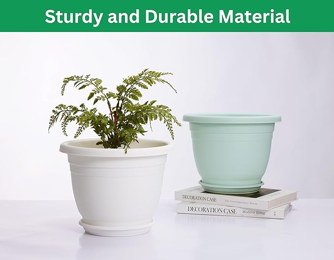 5 Packs 10 inch Plant Pots + Saucer, Planters for Indoor & Outdoor Plants with Drainage Holes | Plastic Flower Pots, Large Planter (Light Green, 10 inch)