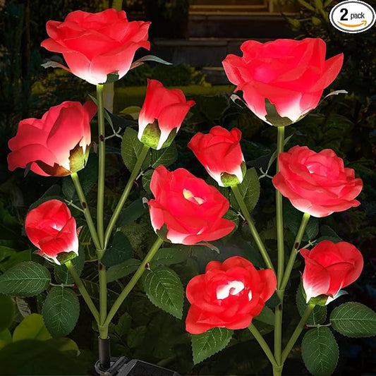 Solar Garden Lights, Solar Outdoor Lights with More Realistic 10 Rose Waterproof Solar Powered Flowers for Outside Patio Yard Pathway Decorations, 2 Pack Red