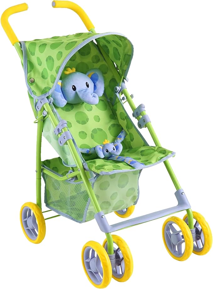 Baby Doll Stroller for Toddlers 1-3, Pillow Animal Toy Stoller for Dolls, Green Folding Baby Toy Stroller for Dolls, Foldable Baby Stroller Toy for Girls, for Kids (Elephant)