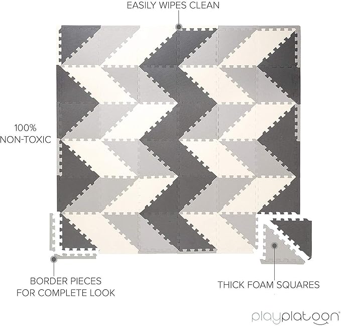 Play Platoon Non-Toxic Extra-Thick 96 Piece Triangle Play Mat - Comfortable 6x6ft Cushiony Foam Floor Puzzle Exercise Mat for Kids & Toddlers - Gray & Cream