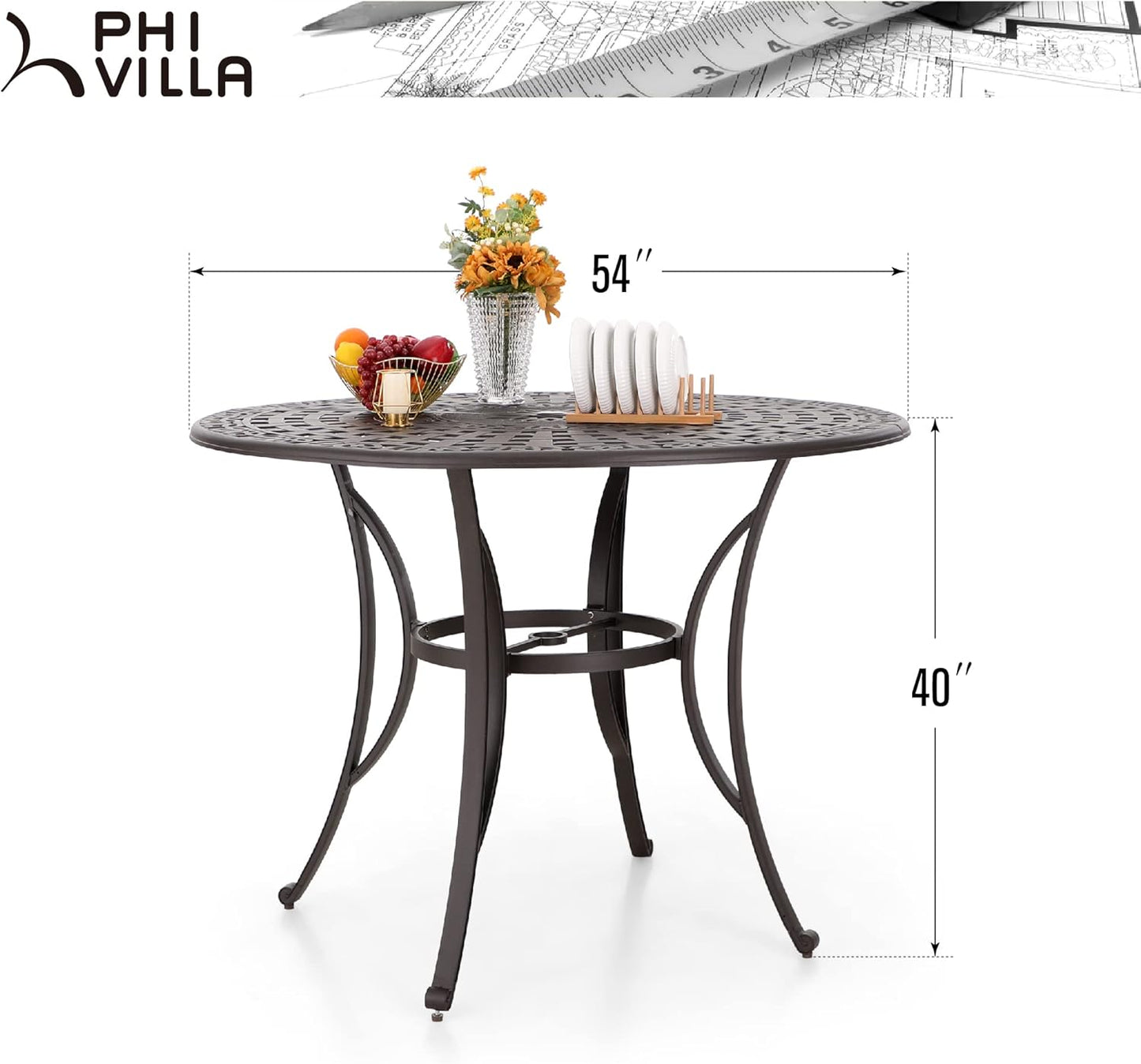 PHI VILLA Cast Aluminum Round High Bar Dining Tables for 6 Person, 54" Dia Engraved Cast-Top Aluminum Table with 2.1" Umbrella Hole, Patio Bar Height Table for Lawn Garden