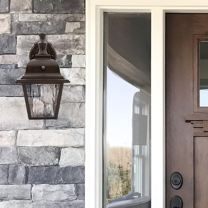 Maxxima LED Porch Lantern Outdoor Wall Light Fixture - Aged Bronze, Clear Water Glass, Photocell Sensor, 875 Lumens, 3000K Warm White, Dusk to Dawn Light Sensor, Exterior Decorative Light