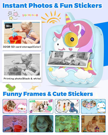Kids Camera Instant Print, Christmas Birthday Gifts for Kids Age 3-8, 48MP &1080P Kids Camera with Print Paper, Portable Toy Instant Camera for Kids 3 4 5 6 7 8 9 10 Year Old Boys Gifts/Girl Gifts