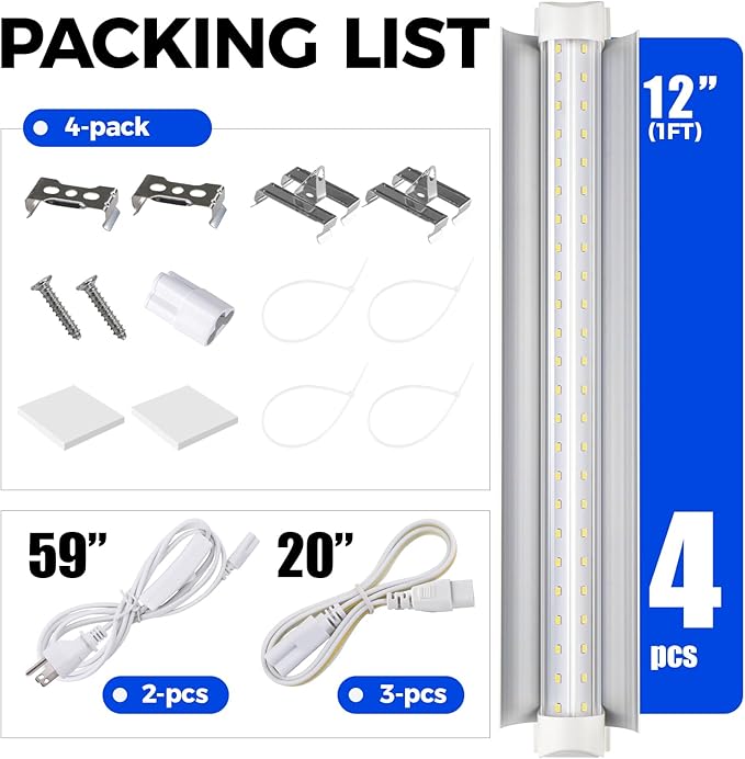 Barrina T8 Grow Lights for Indoor Plants, 5000K White Full Spectrum Grow Light Strip, 60W(4 x 15W), 1FT Plant Light for Greenhouse Indoor Growing, V-Shape with Reflector, Linkable, 4 Packs