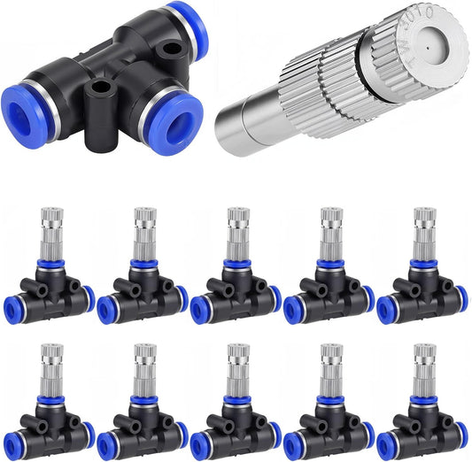Mornajina 20 Pcs Brass Misting Nozzles Mister Replacement Nozzles with Filter Mesh & 1/4" Water Misting Nozzle Tees Kit, 0.012"/0.3mm Orifice Misting System Heads Sprayer for Outdoor Cooling System,