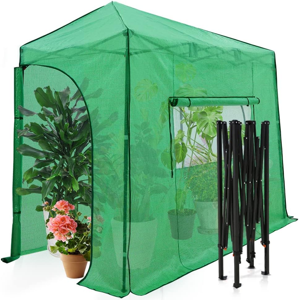 EAGLE PEAK 10x5 Lean to Portable Walk-in Greenhouse, Pop Up Indoor Outdoor Garden Green House, Zippered Doors and Window, PE Cover, Green