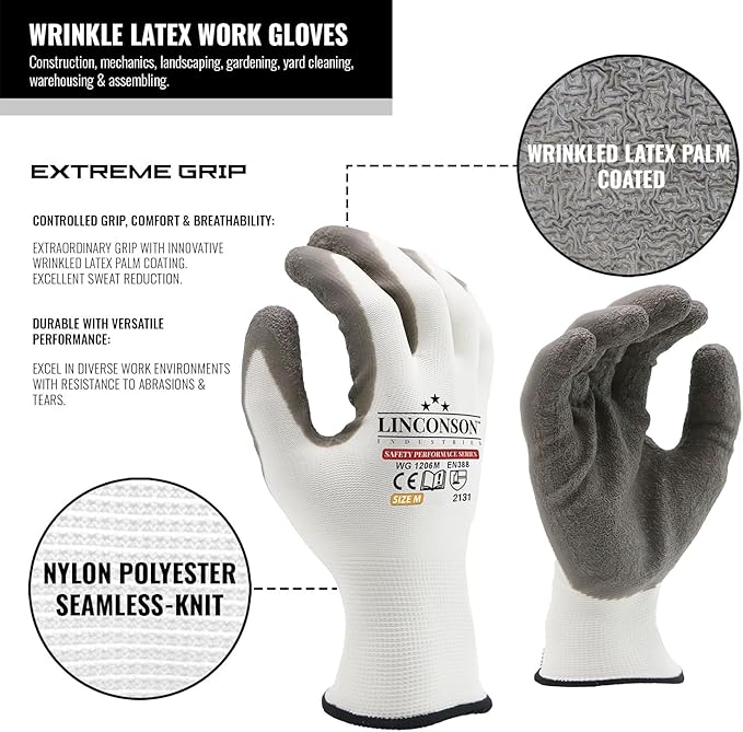 linconson 12 Pack Safety Performance Series Construction Mechanics Wrinkle Latex Work Gloves