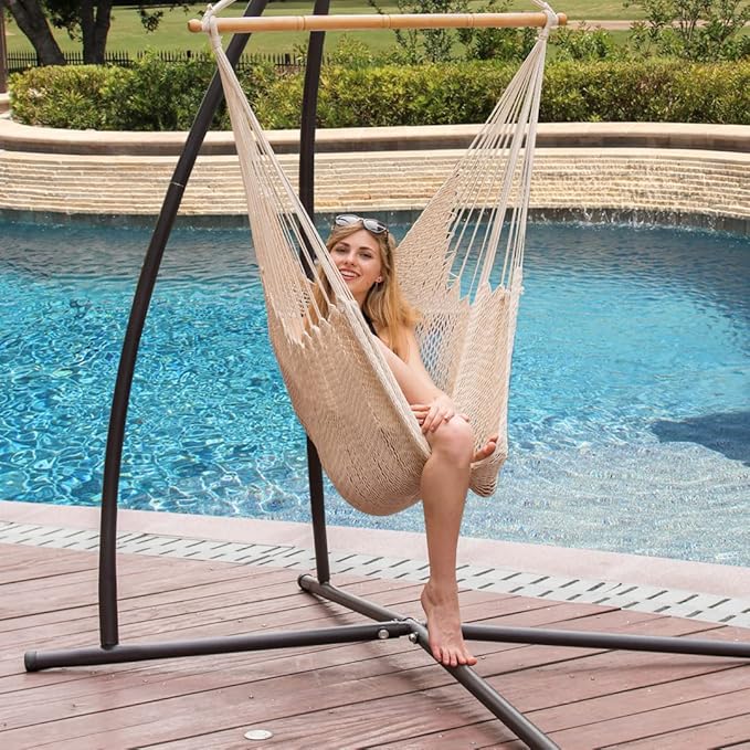 Lazy Daze Hammocks Chair Caribbean Hanging Rope Weaving Chair with 40" Hardwood Spreader Bar and Soft-Spun Cotton Rope for Indoor/Outdoor Backyard & Living Room, Max 300 LBS, Natural