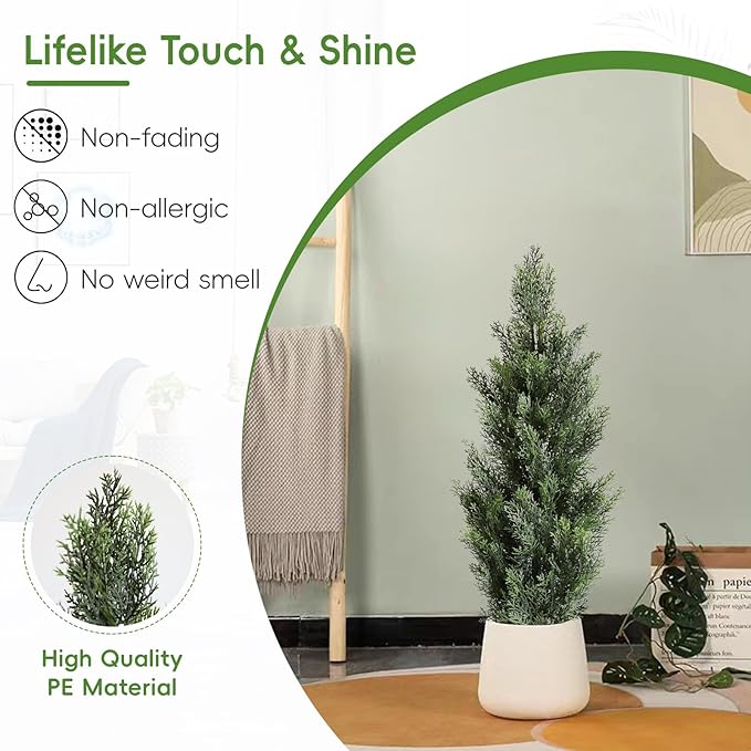 momoplant Artificial Cedar Topiary Trees 3 Ft Fake Cedar Shrubs Set of 2 Faux Cypress Potted Plants for Outdoor Indoor Decor