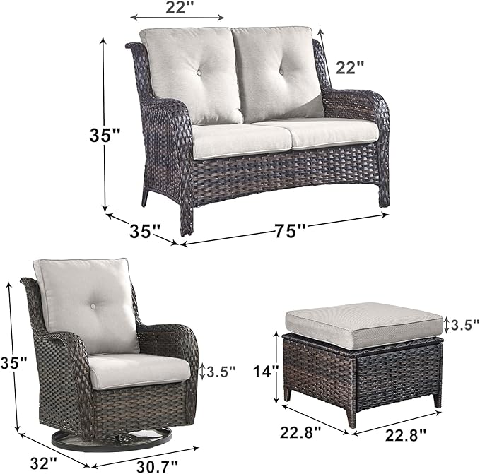 Outdoor Wicker Patio Furniture Set - 5 Piece Rattan Patio Conversation Set with 2 Rocking Swivel Chairs,2 Ottomans and 1 Loveseat for Porch Deck Backyard Garden(Brown/Beige)