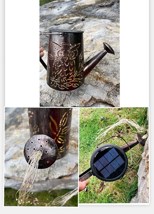 Solar Watering Can with Cascading Lights - Large Waterfall Lights Garden Decor, Owl Shape Solar Hanging Lantern Outdoor Waterproof , 96 LEDs String Light Flashing for Patio,Lawn,Garden,Pathway