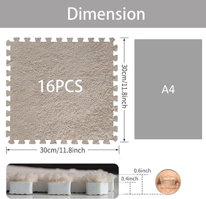 16pcs 0.6" Thickened Interlocking Tile Mats,Fluffy Shaggy Soft EVA Foam Area Rug for Living Room & Bedroom,Non-Slip Protective Floor Carpet Play Mat Kids Baby Dorm Home Decor (11.8ft, Khaki)