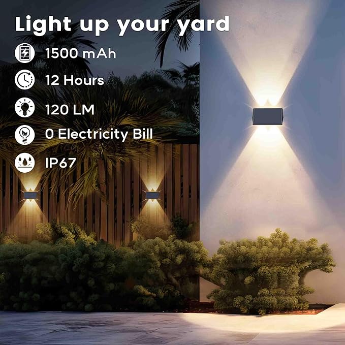Fence Lights Solar Powered, 6-Pack Solar Fence Lights Up/Down Flexible Buttons, IP67 Waterproof for Outdoor, 120LM Bright, Auto Dusk to Dawn for Wall/Stairs/Yard/Railing/Deck/Pathway (Warm White)