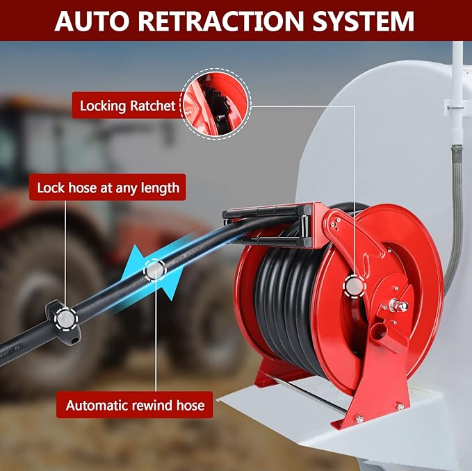 Fuel Hose Reel with Fueling Nozzle, 1" x 50FT Retractable Diesel Hose Reel, 300 PSI Industrial Heavy Duty Auto Swivel Rewind Hose Holder Reels, for Vehicle Tank Truck Trailer Ship