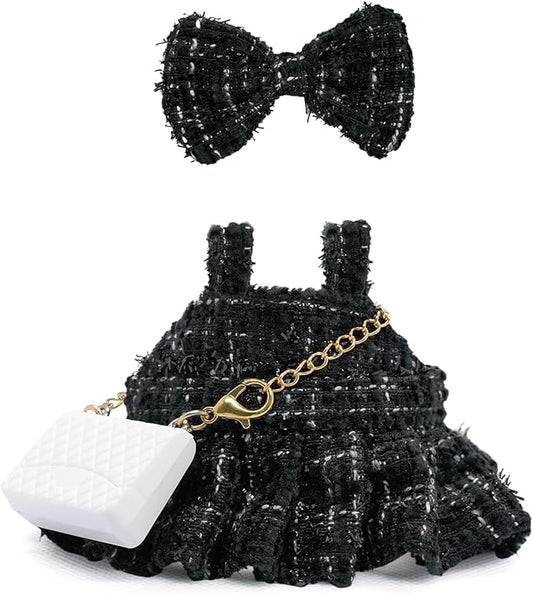 17cm Doll Clothes - Premium Handmade Clothes 3 Piece Set Black Bow & Dress & White Bag Adjustable Outfit - Luxury Chic Style Set High-End Fashion Accessories (No Doll) - No Logo