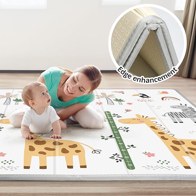 PLGLOG Baby Play Mat,59"x59" Foldable & Reversable Large Baby Mat,0.8" Thick Waterproof Baby Floor Play Mat,Non-Slip,Carlwing Mat for Baby,for 59X59"Playpen,Indoor&Outdoor Playing Mat,Giraffe