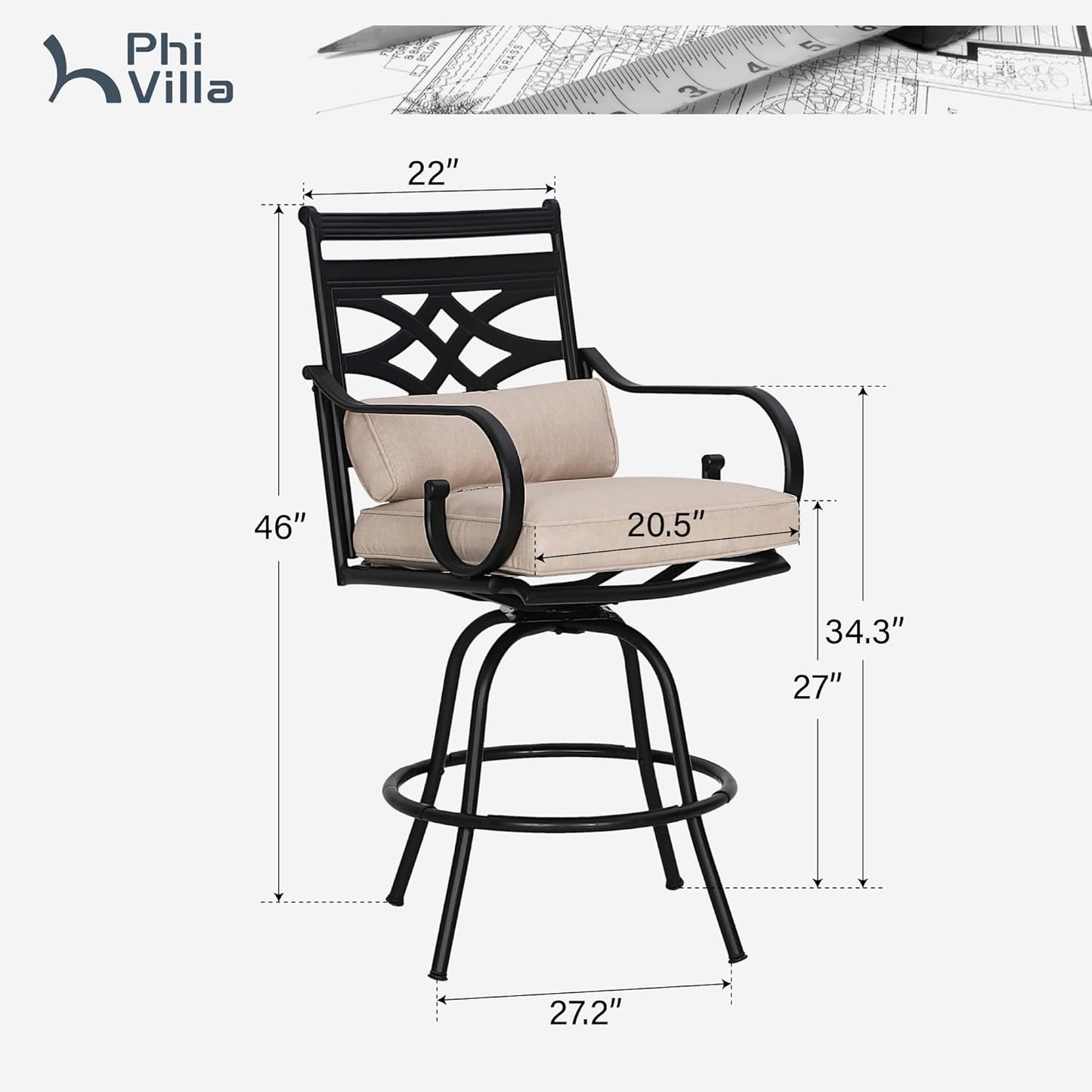 PHI VILLA Outdoor Swivel Bar Stools Set of 4，Patio Counter Height Bar Chairs with Back and Armrest，Metal,Black