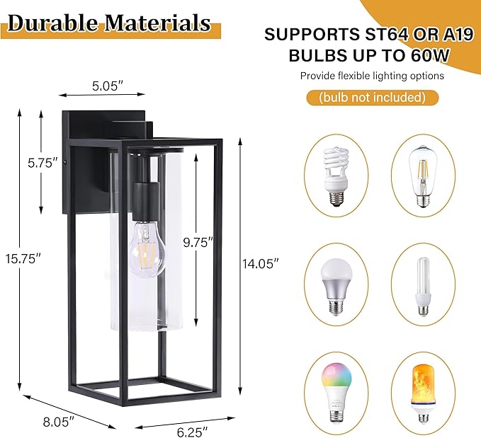 15.7 Inch Outdoor Wall Lights, Outdoor Wall Lantern with Circular Clear Glass Shade, Waterproof Exterior Lighting Fixtures, Modern Front Porch Lighting for House, Garage, E26 Base, ETL Listed, Black