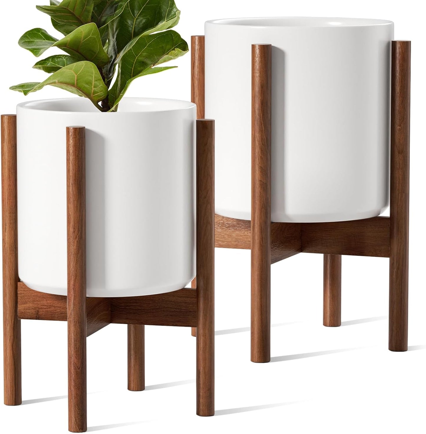 LE TAUCI Indoor Planter with Stand, 10 + 8 Inch, Set of 2, Ceramic Pot for Indoor Plants with Acacia Wood Holder, Mid-Century Modern Home Decor, Round Flower Pots with Drainage Hole, White