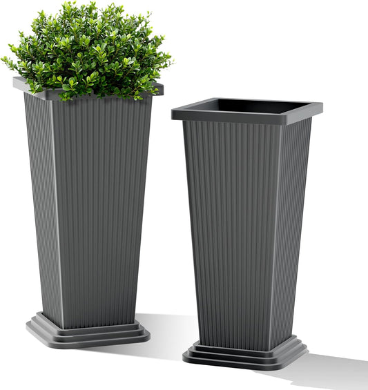 FENCY Set of 2 Tall Planters for Outdoor Plants, 24 Inch Large Tapered Pots with Drainage Trays, Weather-Resistant Plastic Plant Containers for Patio, Porch, Garden, Front Door Decor,Gray,Striped