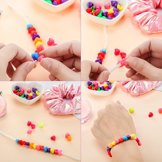 600 Pieces Pony Star Beads Crafts Bulk Hearts Star Colorful Acrylic Beads Large Hole for Bracelet Kawaii Rainbow Necklace Jewelry Crafts Making Valentine Party Favor DIY