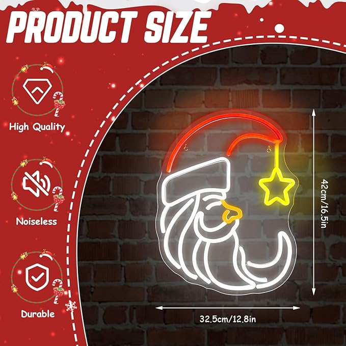 Moon Christmas Santa Neon Sign,Cute Anime Neon Light,Moon Star Neon Sign for Wall Decor,Red Christmas Hat USB Neon Light Sign for Party Store Living Room Bar Door Kids Bedroom Christmas Gift