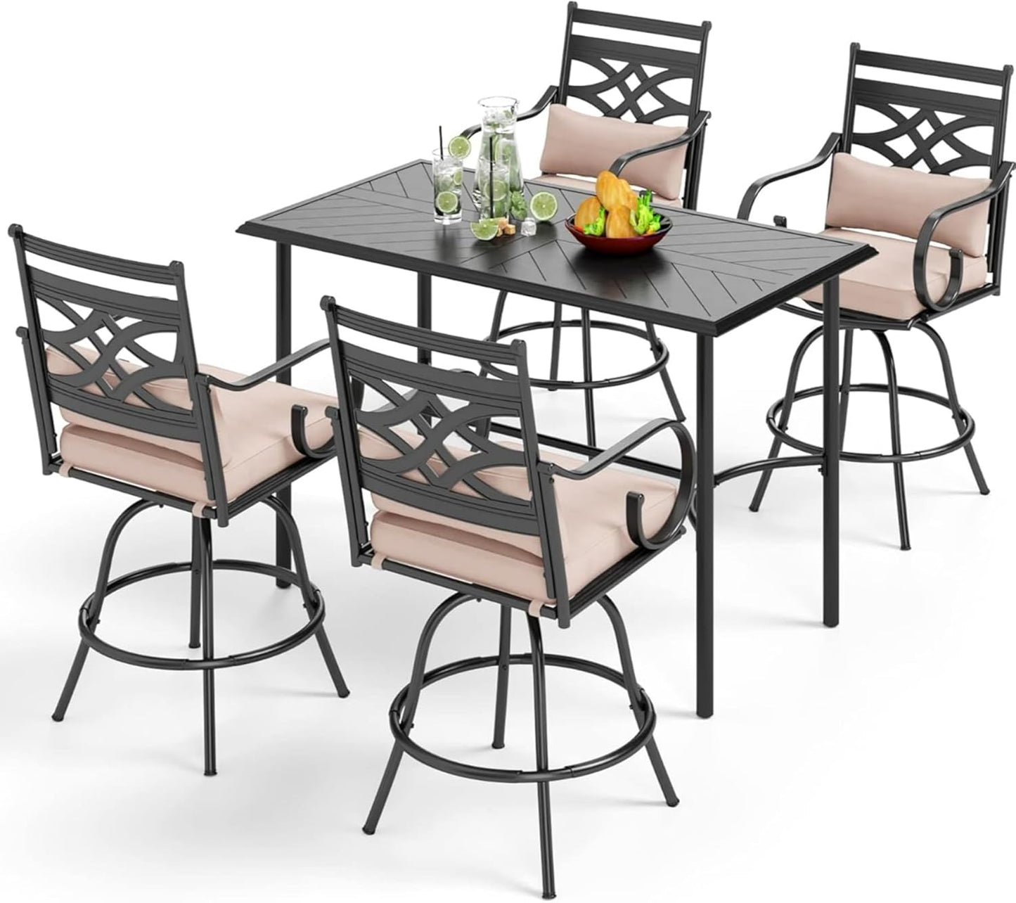 PHI VILLA 5 Piece Patio Bar Set,Outdoor Bar Table and Chairs Set, Strong and Heavy Duty Outdoor Bar Set with Cushion and Pillow，4PC Swivel Bar Stools with Rectangular Bar Height Table