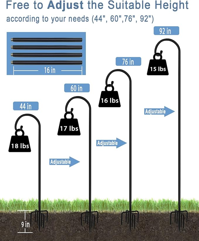 92 inch Outdoor Shepherd Hook with Upgraded 7 Prong Base (1 Pack), Adjustable Heavy Duty Garden Hanging Stake for Bird Feeder Solar Light Plant Hanger Wedding Decor, Matte Black