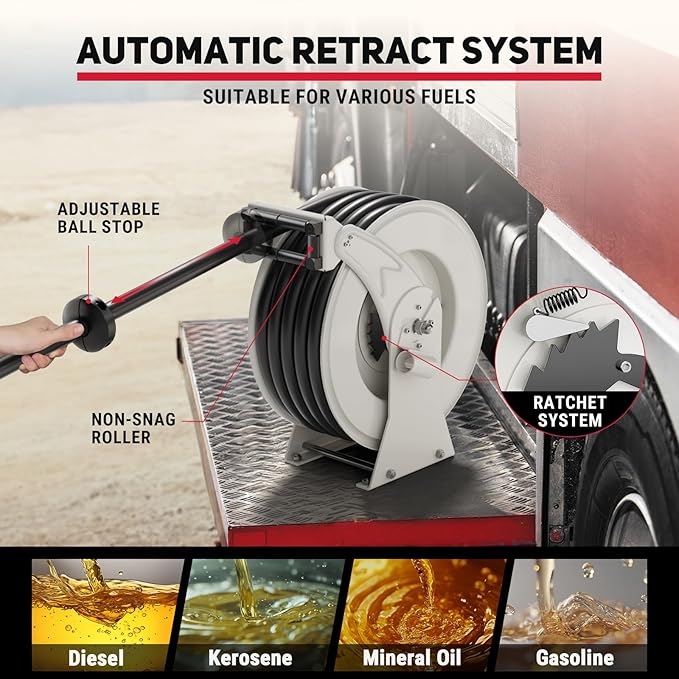 Fuel Hose Reel, 3/4" x 33FT Retractable Hose with Refueling Nozzle, 300 PSI Heavy-duty Steel Construction, Diesel Fuel Kerosene Reel Used for Aircraft Ship Vehicle Tanker Truck